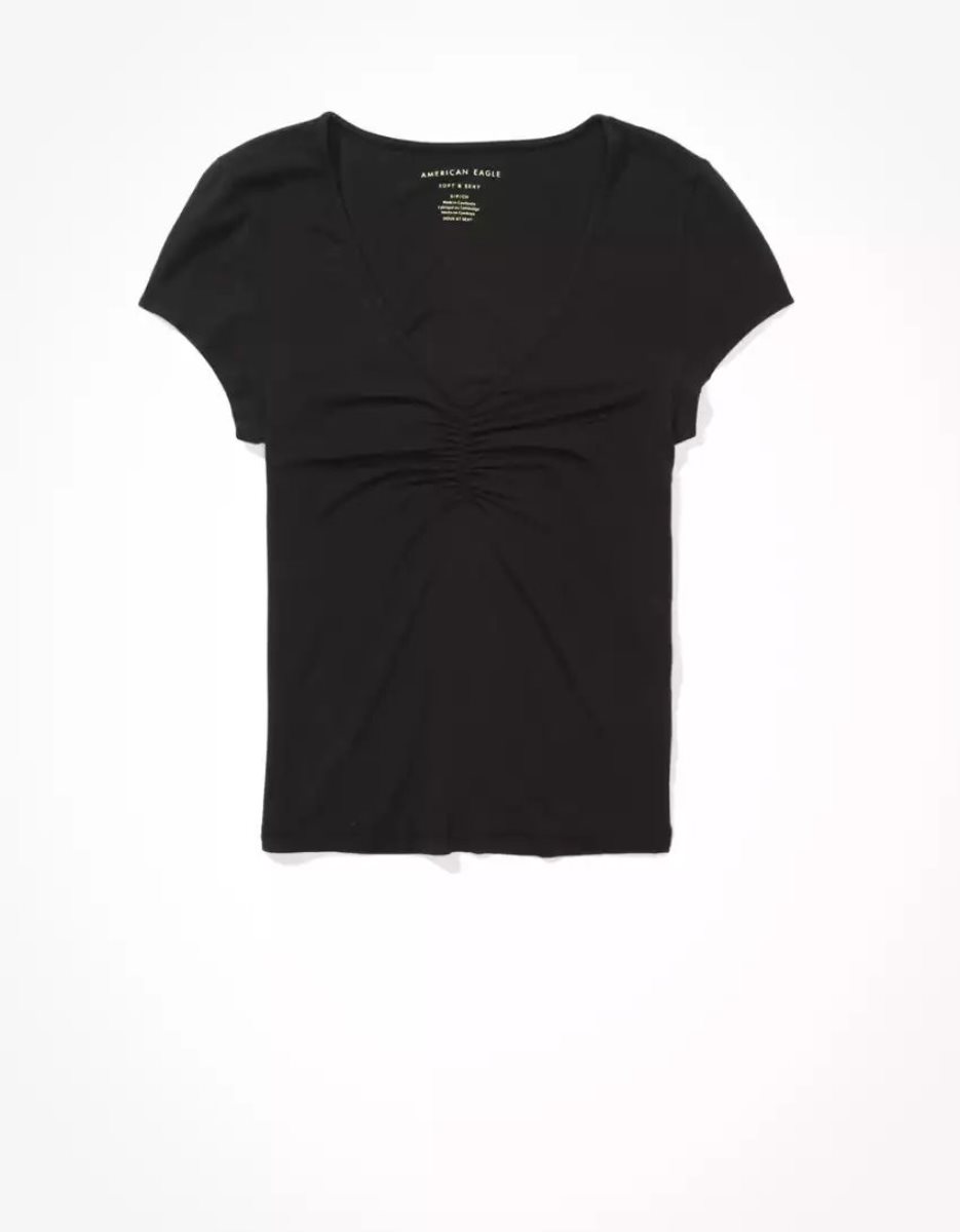 T Shirts American Eagle AE Soft & Sexy Cinch-Front Tee Noir Femme | IKC-61815173